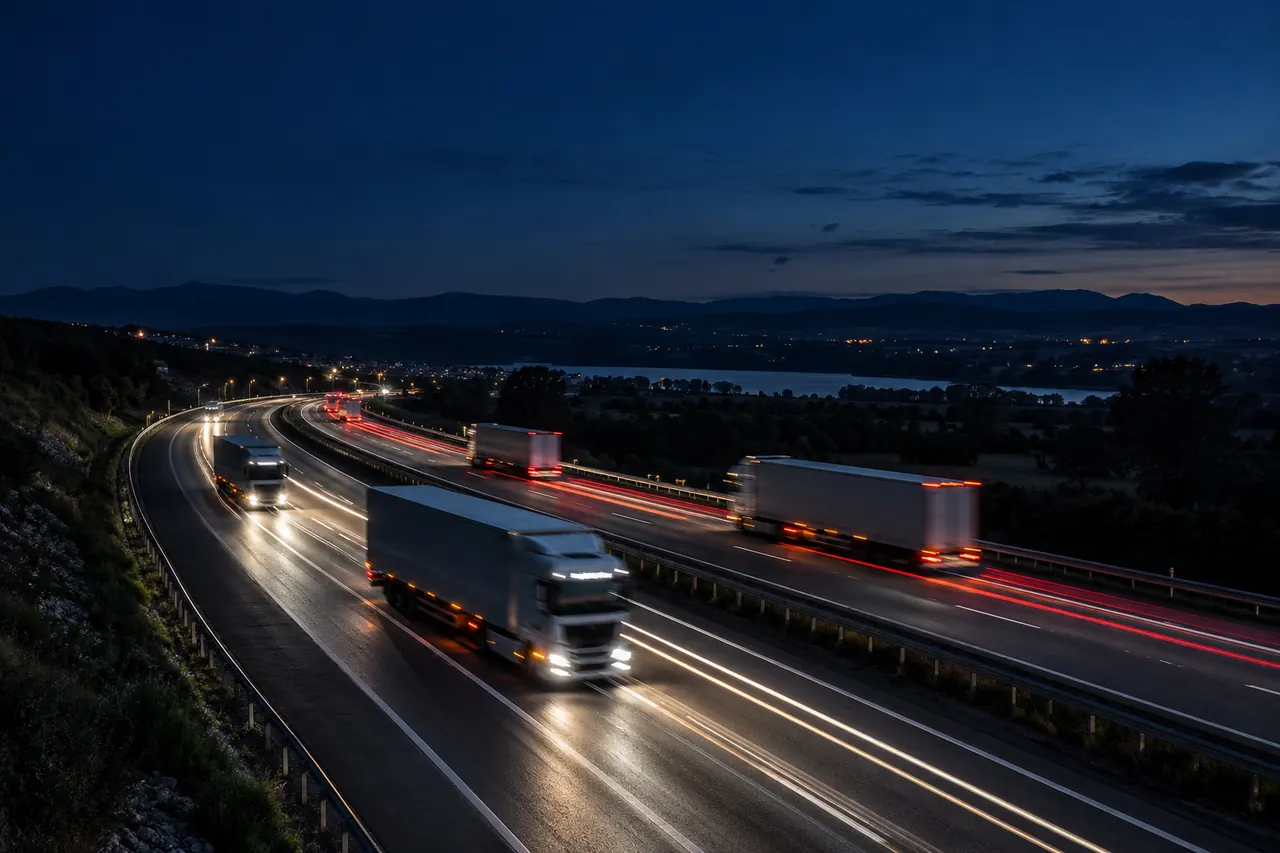 Estelas rojas y blancas de camiones sobre una autopista de noche.